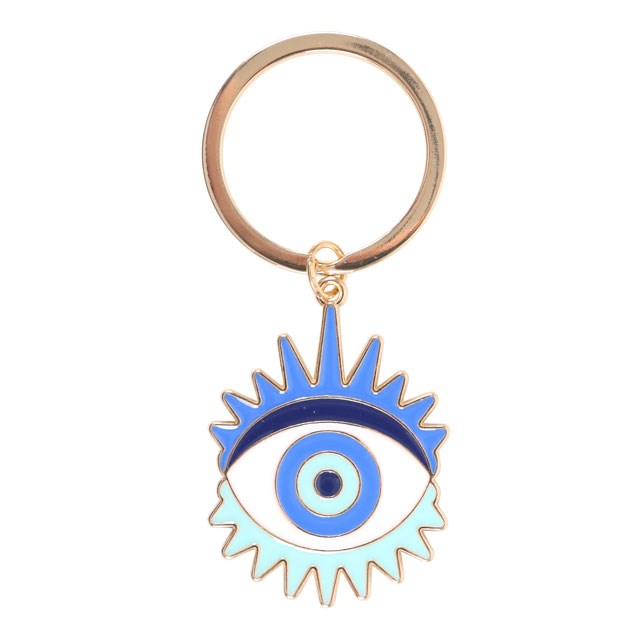 Geëmailleerde sleutelhanger All Seeing Eye Evil Eye goud blauw wit