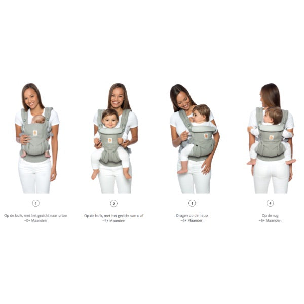 Draagzak die in vier verschillende posities gebruikt worden