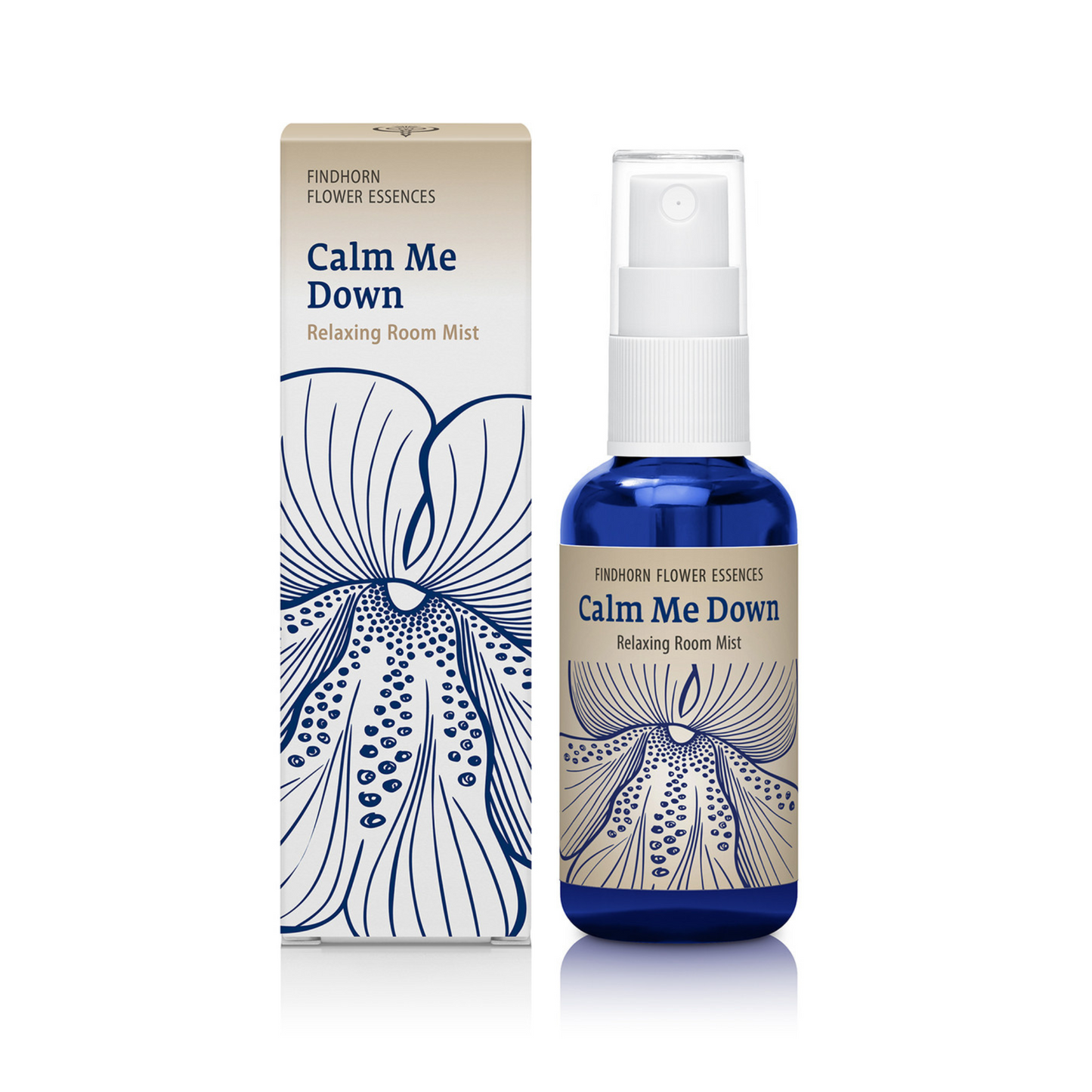 Verpakking en sprayflesje van Findhorn Flower Essences Calm Me Down Relaxing Room Mist