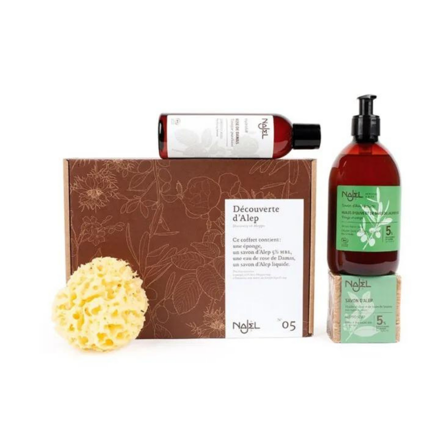Najel cadeaubox met Aleppo zeep, vloeibare zeep, natuurlijke spons en rozenwater