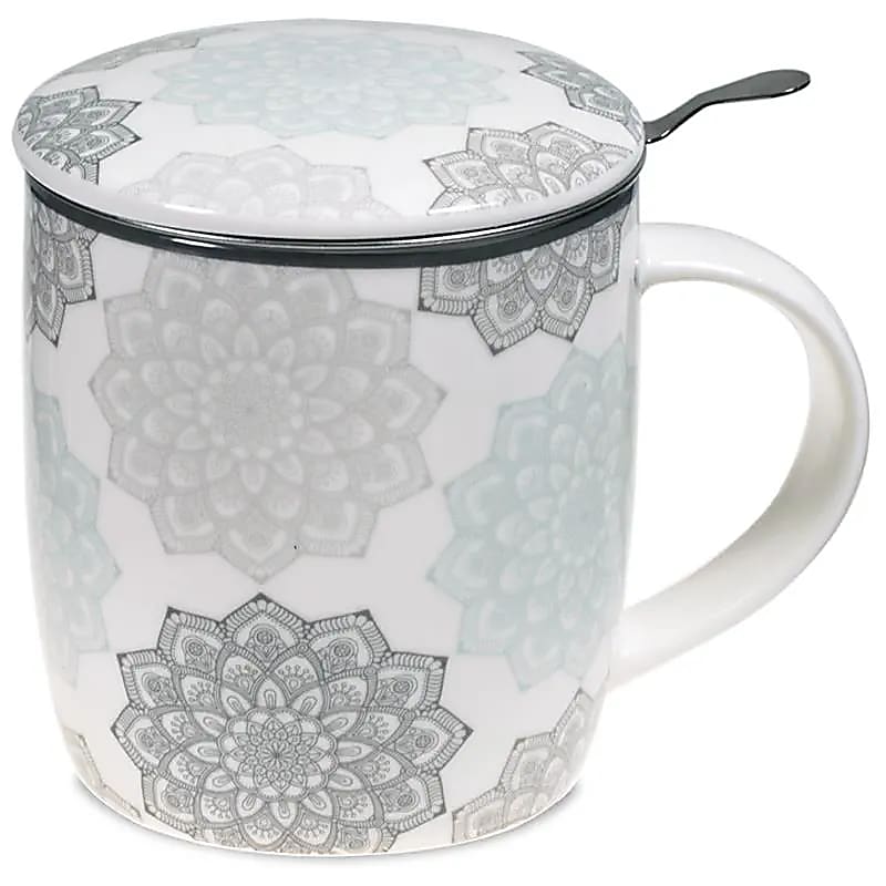 Grijze mandala theemok met deksel en theezeefje