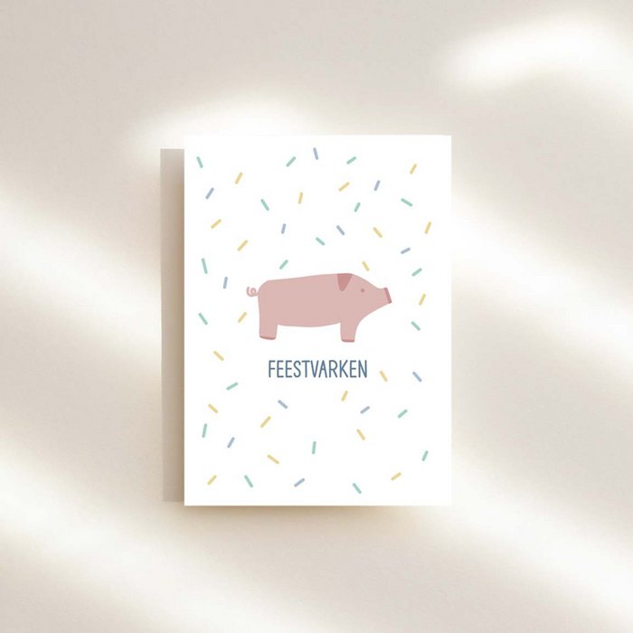 Wenskaart met feestvarken voor een verjaardag of een andere gelegenheid