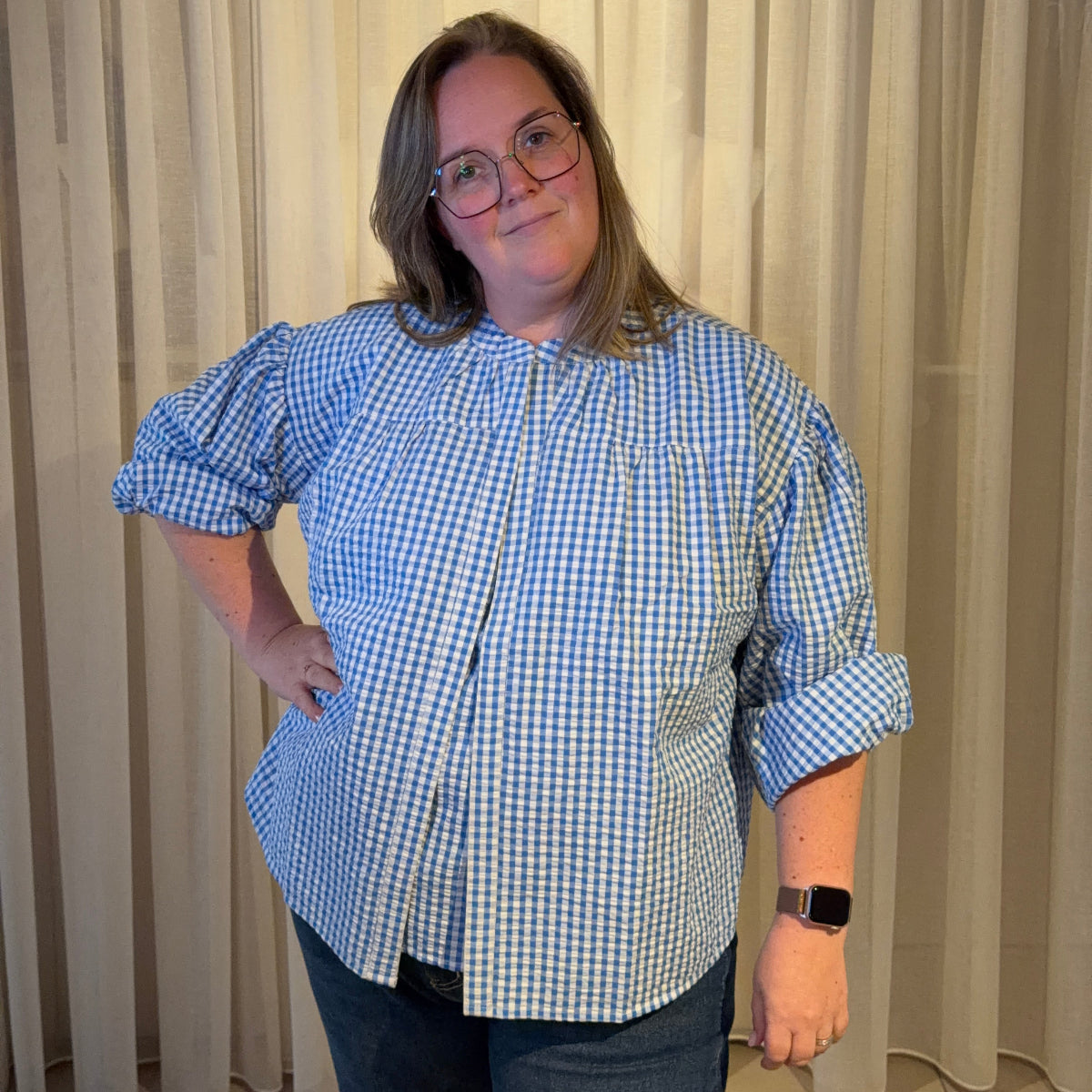 Madeleine et Marie geruite borstvoedingsblouse met lange mouwen - blauw/wit