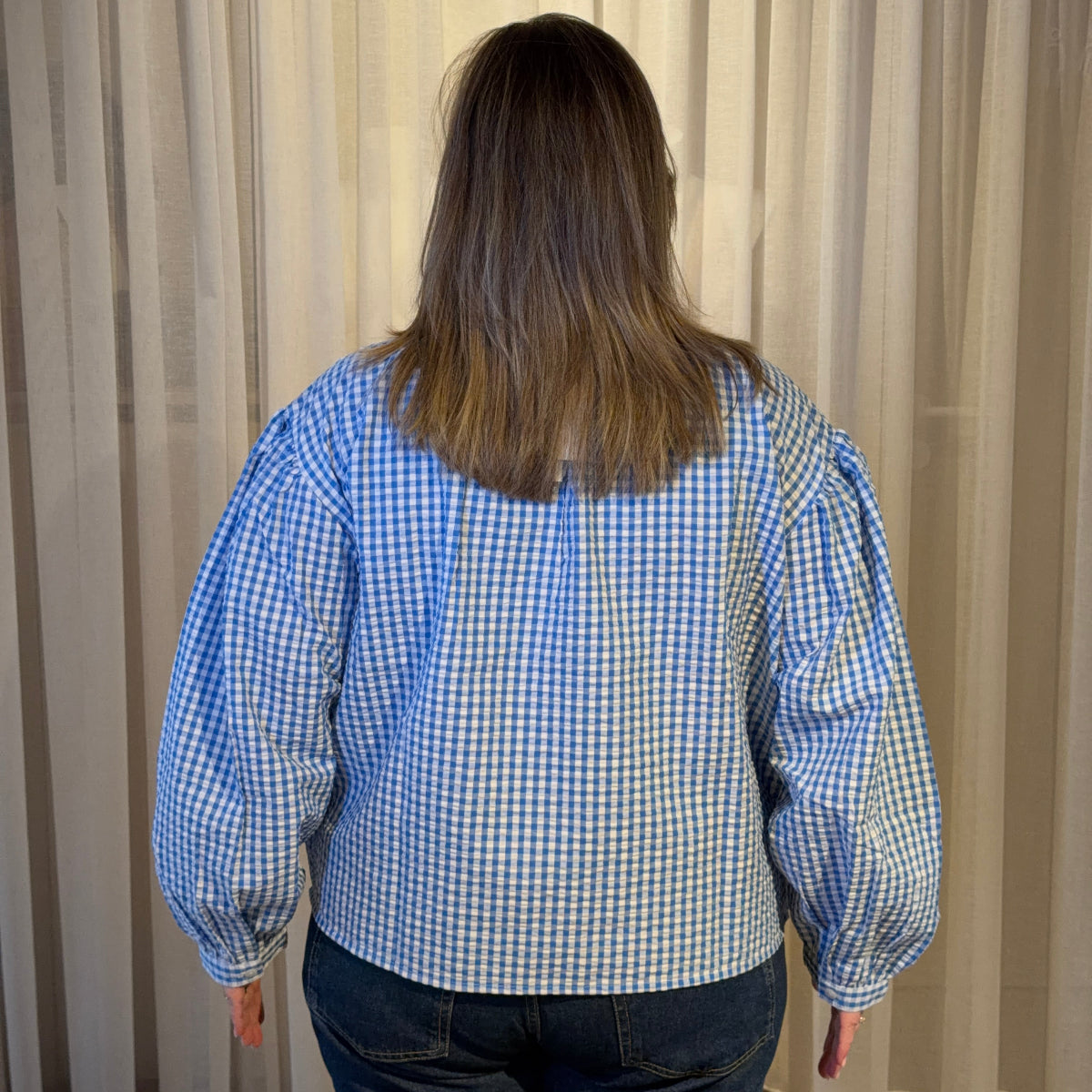 Madeleine et Marie geruite borstvoedingsblouse met lange mouwen - blauw/wit