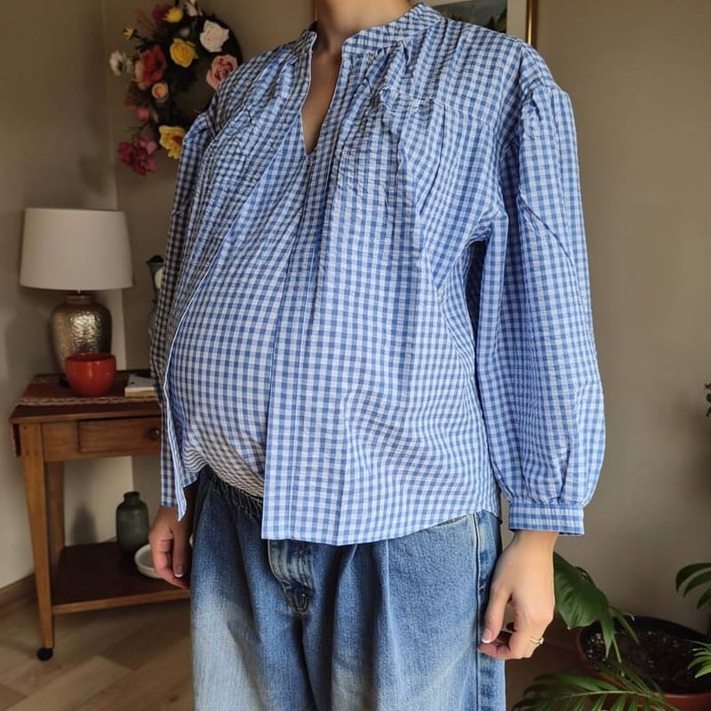 Madeleine et Marie geruite borstvoedingsblouse met lange mouwen - blauw/wit