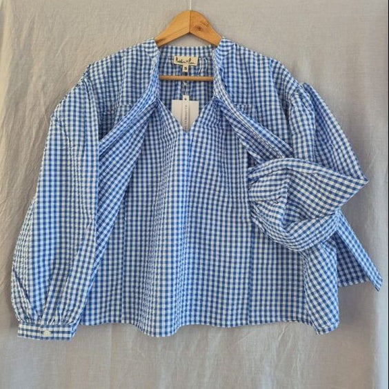 Madeleine et Marie geruite borstvoedingsblouse met lange mouwen - blauw/wit