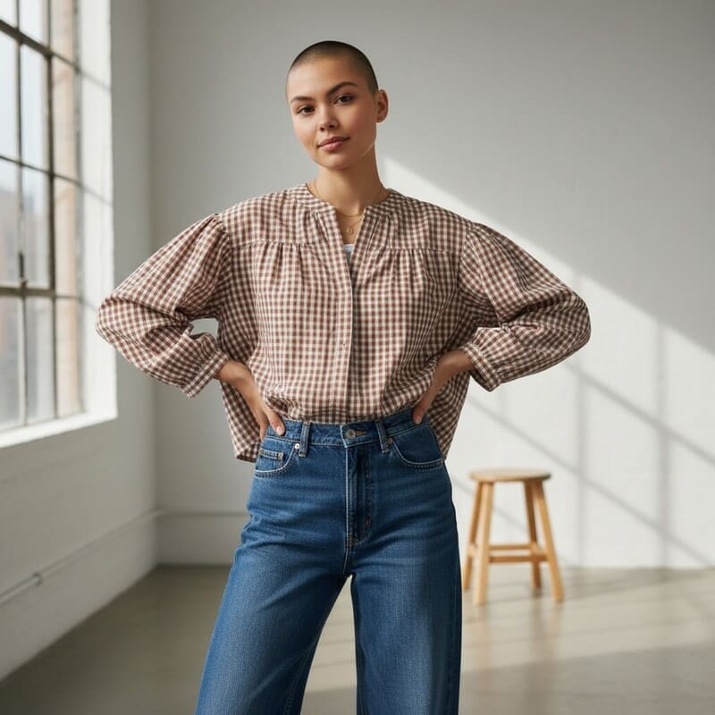 Madeleine et Marie geruite borstvoedingsblouse met lange mouwen - terracotta/wit