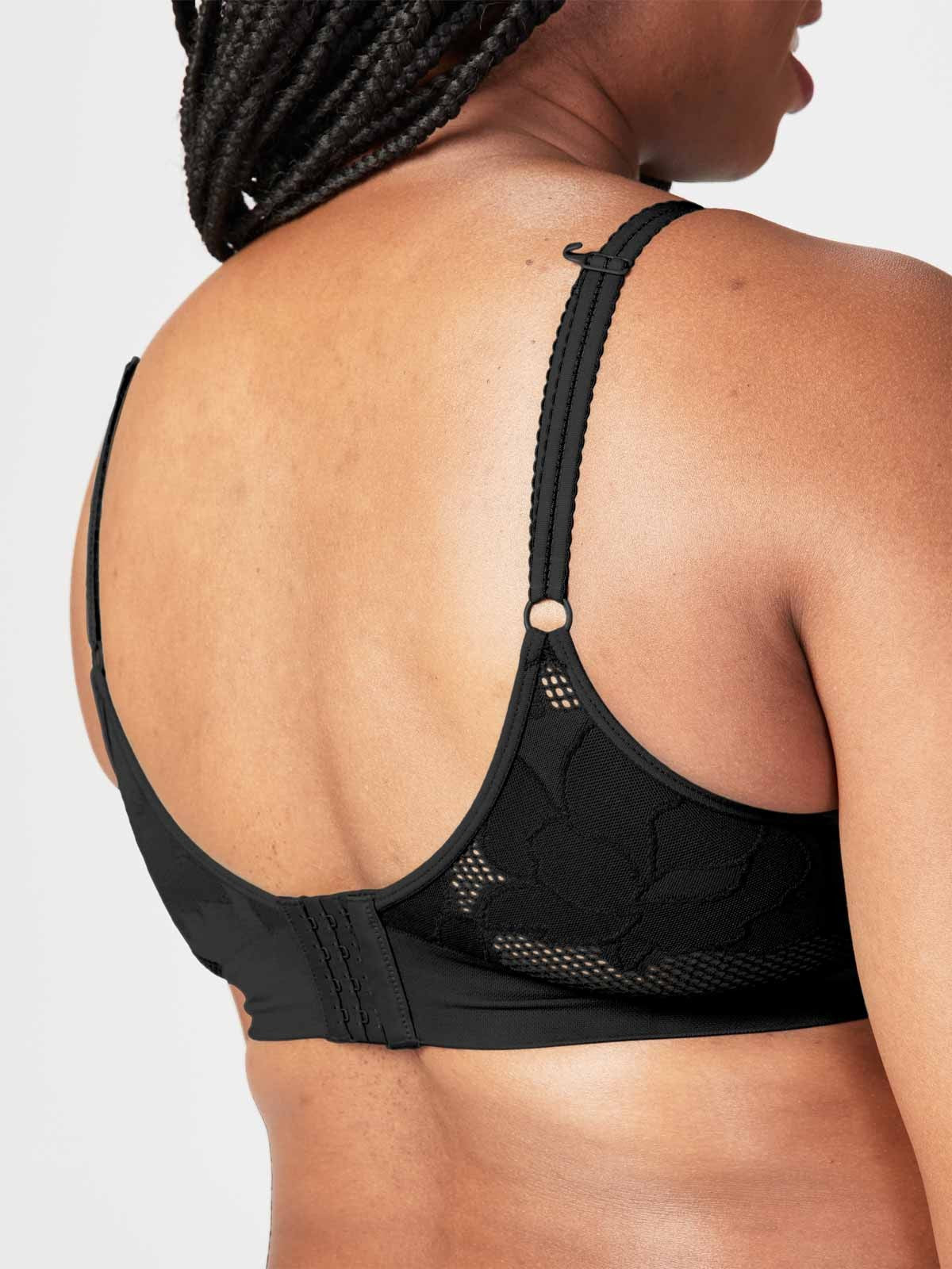 Cake Maternity Freckles borstvoedingsbeha zwart: detail van de rug met J-hook voor racerback