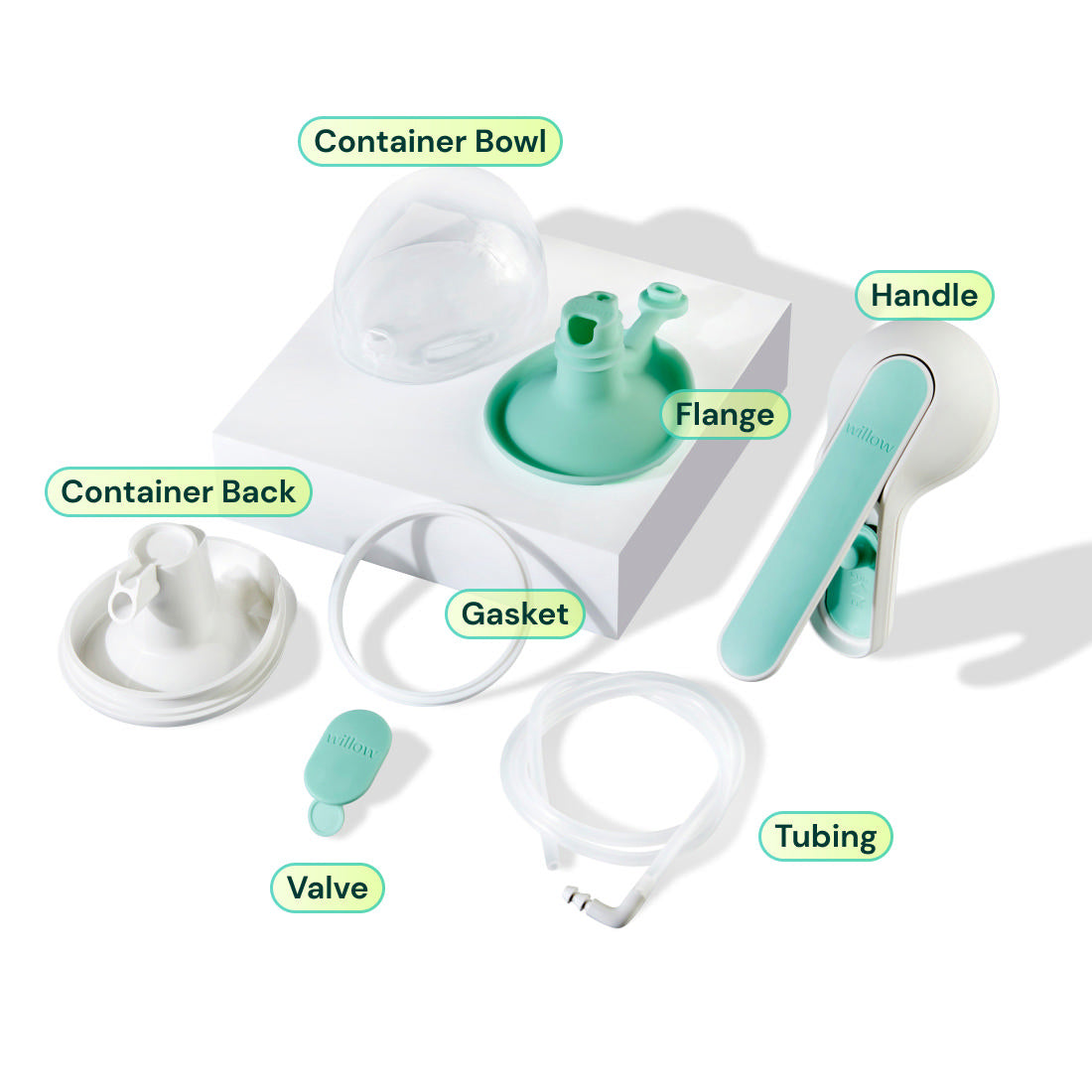 Elvie Wave handsfree handkolf: detailbeeld van het borstschild en de slang