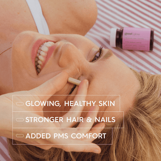 Guud Woman Glow huid- en haarsupplement: verpakking met losse capsule
