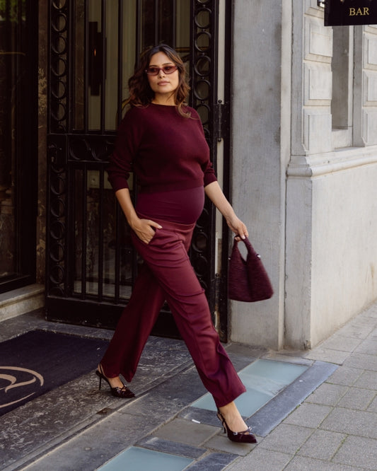 Love2Wait Abby zwangerschapsbroek burgundy: volledige look