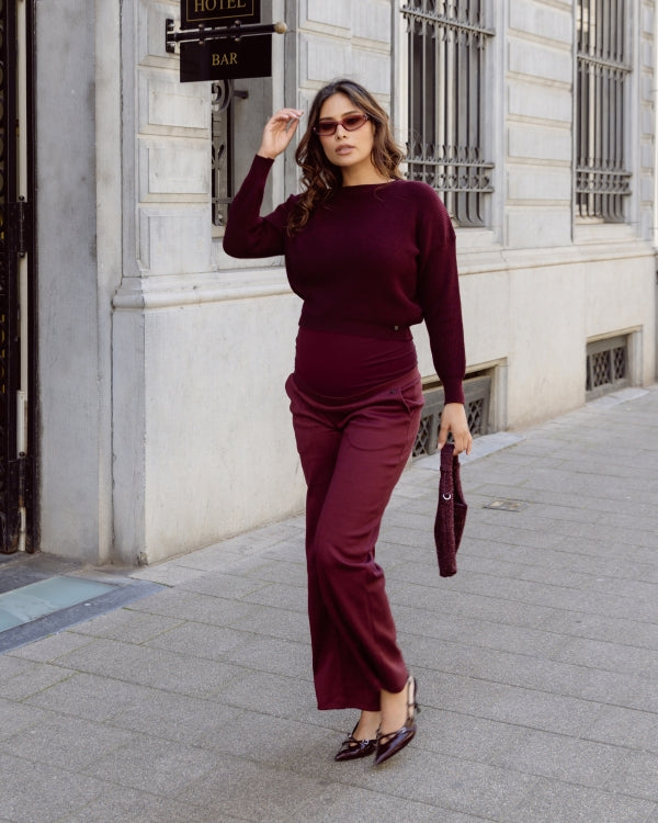 Love2Wait Abby zwangerschapsbroek burgundy: volledige lengte met rechte, wijdere pijp