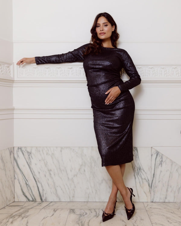 Love2Wait Amelie zwangerschapsjurk zwart met glitter: volledige lengte, tot net onder de knie