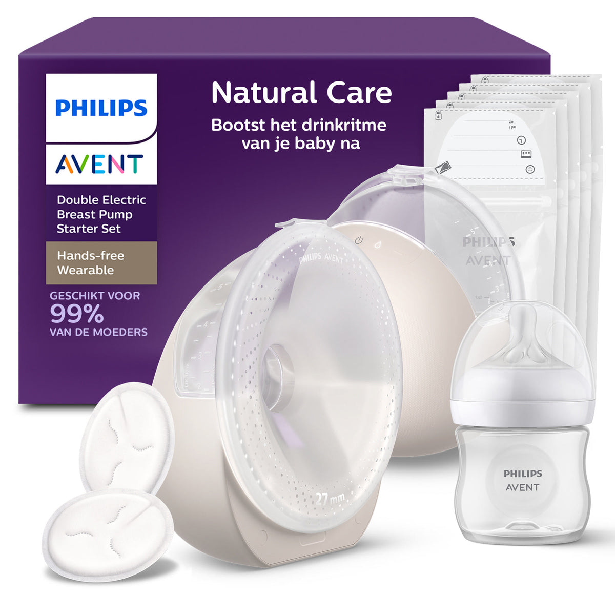 Philips Avent Natural Care handsfree borstkolf dubbelzijdig: verpakking met twee opvangcups en toebehoren