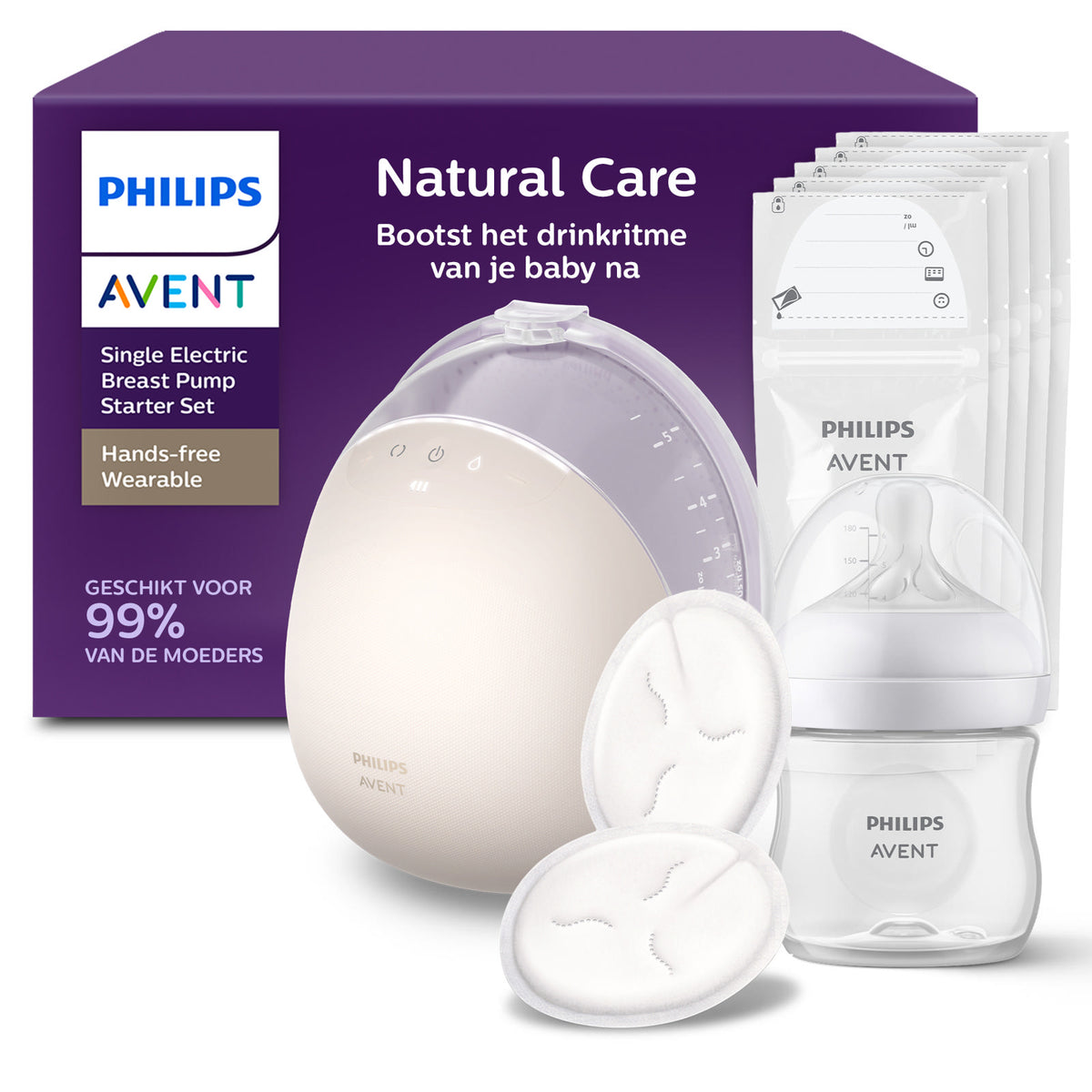 Philips Avent Natural Care handsfree borstkolf enkelzijdig: verpakking met één opvangcup en toebehoren